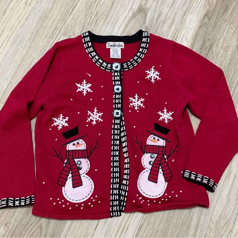 Y2k 90s Christmas Snowman Snowflakes Cardigan Sweater Beaded Large